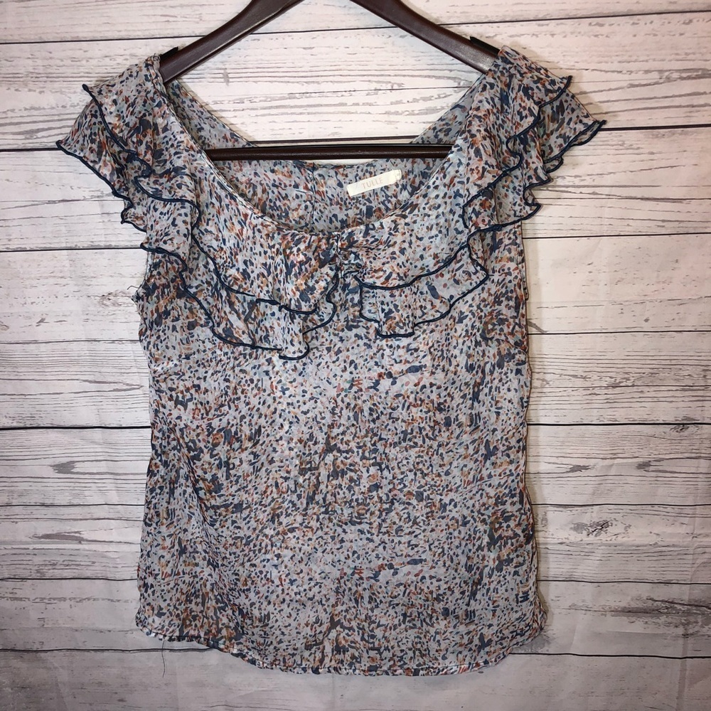 Tulle small sheer ruffle blouse Anthropologie